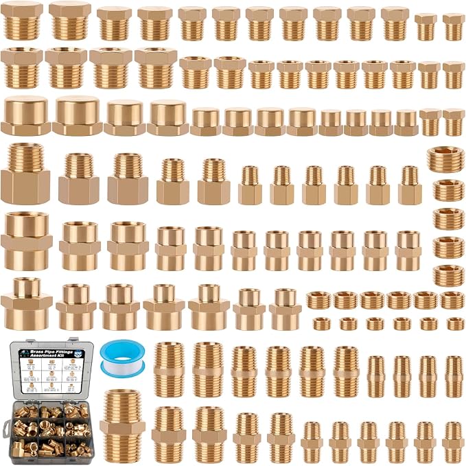 106PCS Brass Pipe Fittings Assortment Kit, 1/8" 1/4" 3/8" 1/2" NPT | Extension by Ailbiuko
