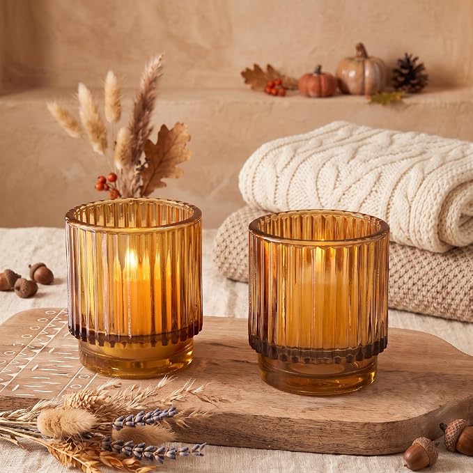 Kate Aspen Vintage Glass Tealight & Amber Votive Candle Holders Rustic Fluted - Image 2