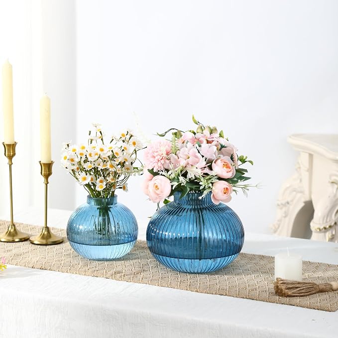 Blue Glass Vases for Tulips, Flower Vases for Bouquet, Ribbed Glass Vase for - Image 6