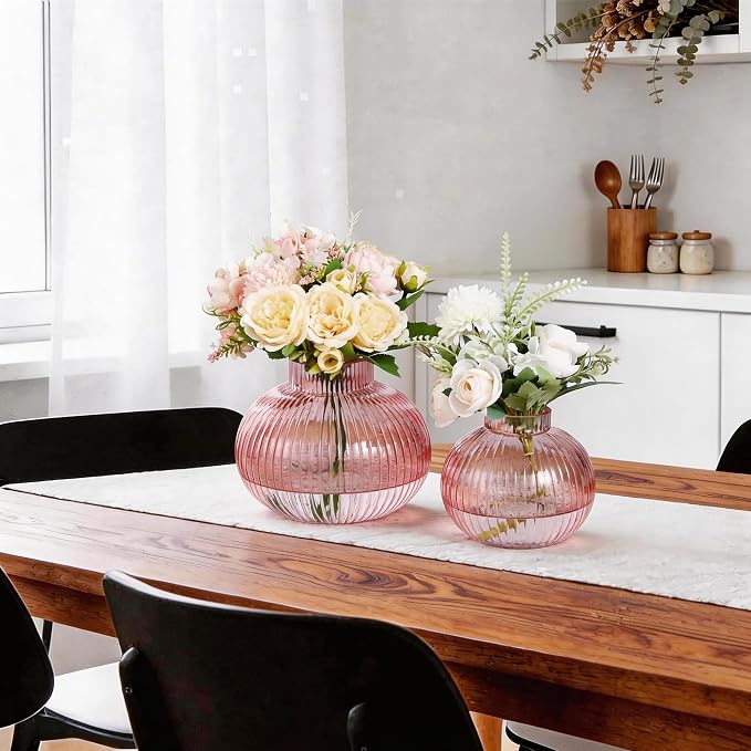 Pink Glass Vases for Tulips, Flower Vases for Bouquet, Ribbed Glass Vase for - Image 2