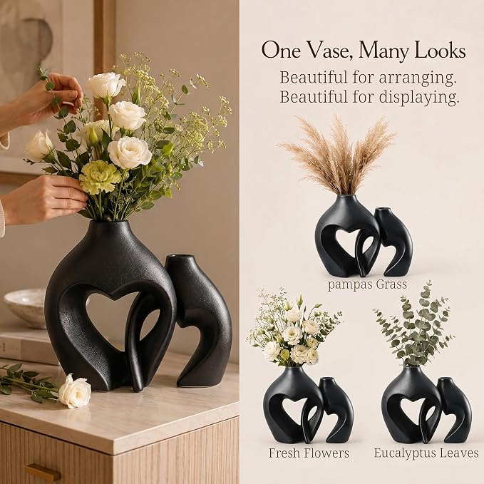 Black Ceramic Flower Vases Home Decor Heart Shaped Vase Set of 2 | Nordic Heart - Image 8