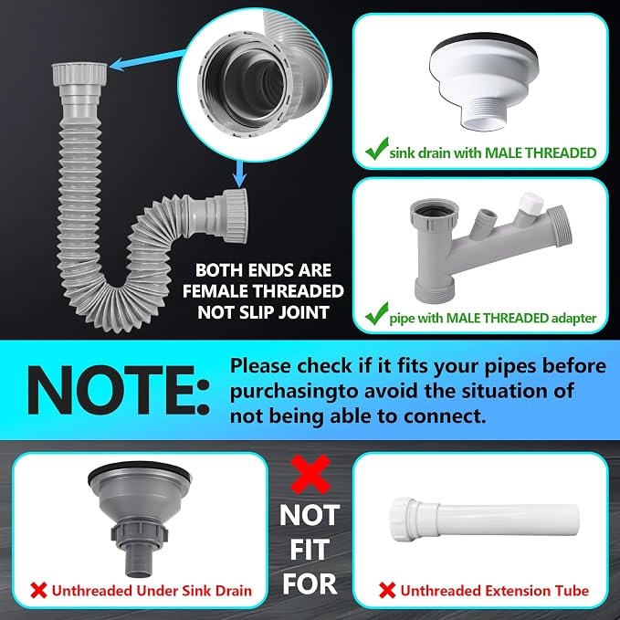Sink Drain Pipe Kit, 2 Pack Flexible Drain Pipe P Trap, 12.79"-35.03" Flexible - Image 4