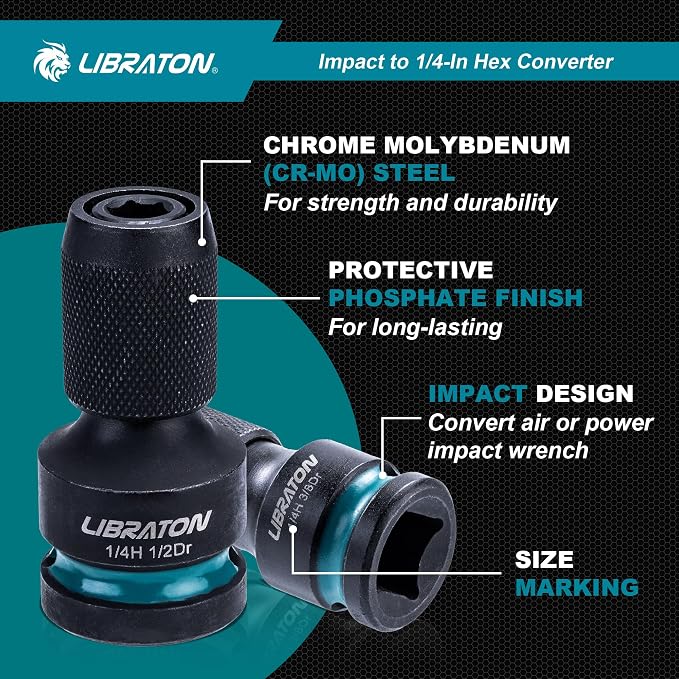 LIBRATON Impact to 1/4 Hex Converter, 1/2 3/8 1/4 Drive, Impact Bit Holder | - Image 5