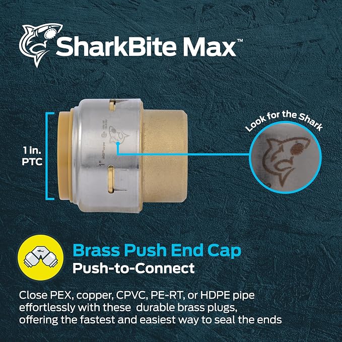SharkBite Max 1 Inch Push Cap, Push to Connect Brass Plumbing Fitting, PEX Pipe - Image 2