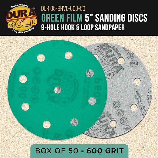 Dura-Gold Premium 600 Grit 5" Green Film Sanding Discs, 9-Hole Pattern - Image 2