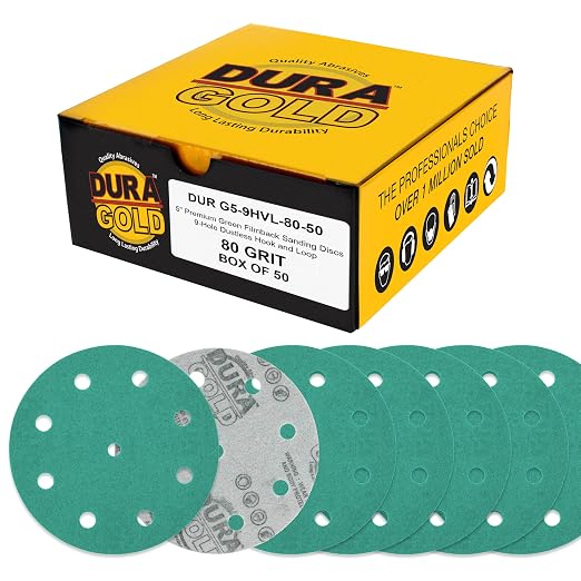 Dura-Gold Premium 80 Grit 5" Green Film Sanding Discs, 9-Hole Pattern, Box of 50 by Dura-Gold
