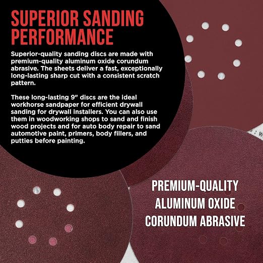 ProductionShop Premium 9" Red 8-Hole Pattern Sanding Discs, 30 Disc Variety Pack - Image 4