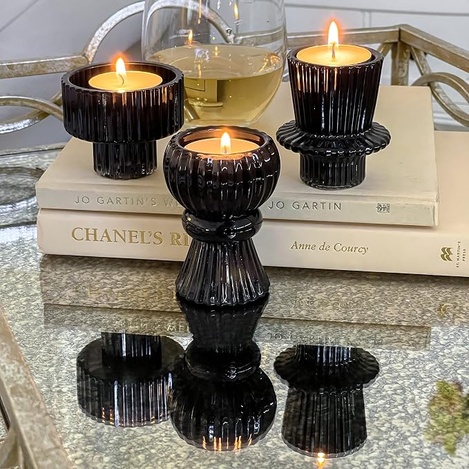 Kate Aspen Vintage Ribbed Glass Black Candlestick Holders, Pillar Candle - Image 4