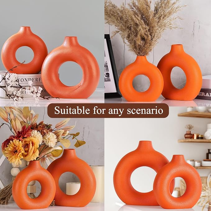 Orange Ceramic Donut Vase Set of 2, Hollow Round Matte Pampas Flower Vases - Image 4