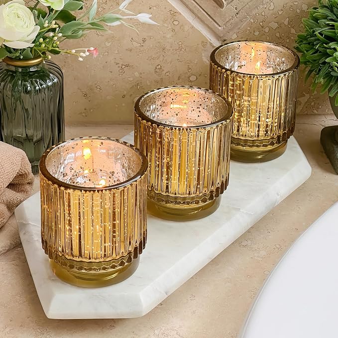 Kate Aspen Gold Votive Candle Holders-Vintage Ribbed Glass Candle Holder Set of - Image 3