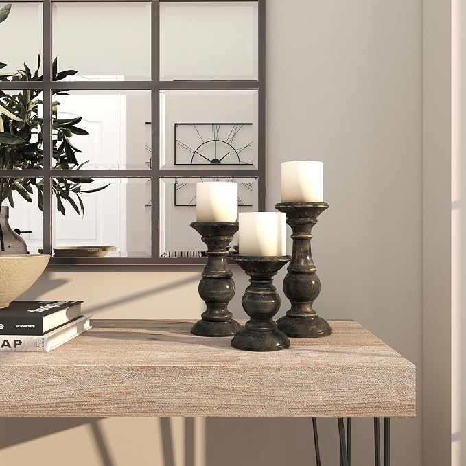 Deco 79 Mango Wood Decorative Candle Holder Distressed Turned Pillar Candle - Image 7