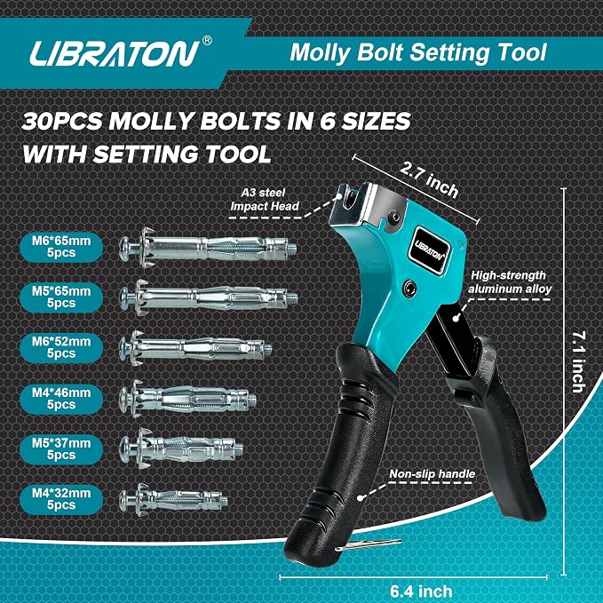 LIBRATON Molly Bolts for Drywall & Plaster Wall, Heavy Duty Hollow Wall Metal - Image 2
