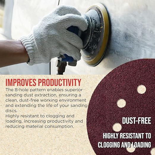 ProductionShop 5" Red 8-Hole Pattern Sanding Discs, 100 Disc Variety Pack - Image 5