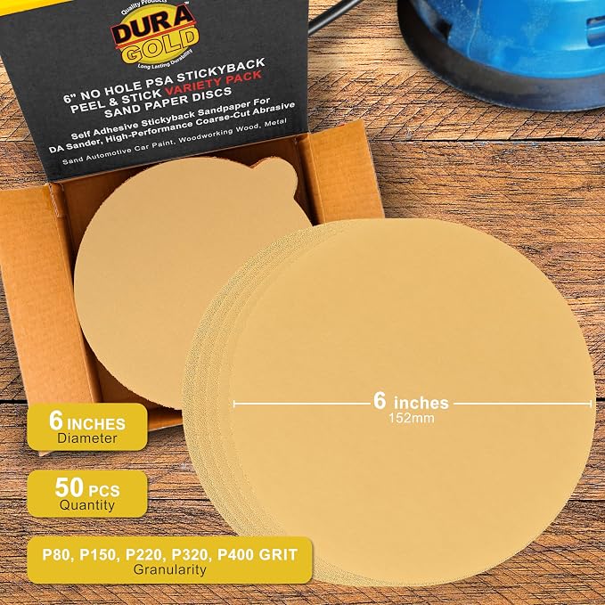 Dura-Gold Premium 80, 400 Grit 6" Gold PSA Sanding Discs, 10 Each, 50 Total - Image 2