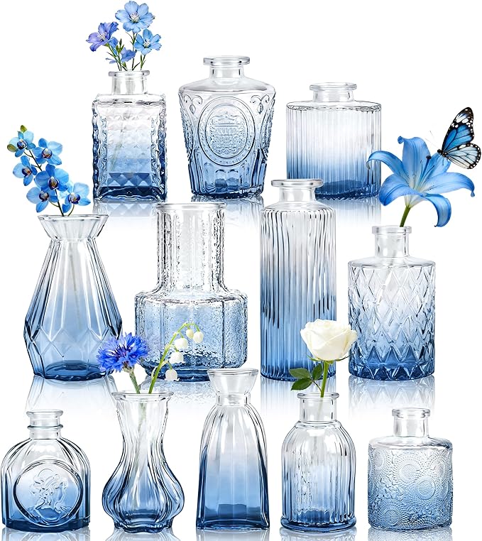 Der Rose 12pcs Glass Bud Vases, intricate textured glass, charming vintage style by DerRose
