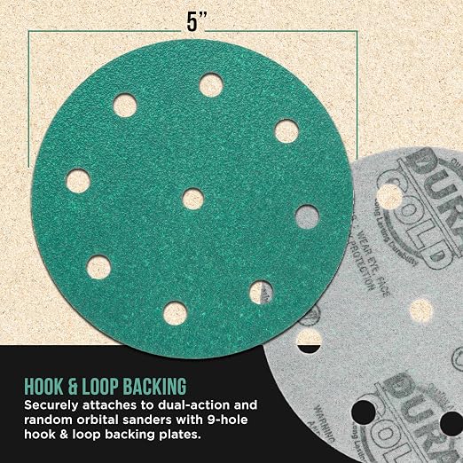 Dura-Gold Premium 60 Grit 5" Green Film Sanding Discs, 9-Hole Pattern, Box of 25 - Image 2