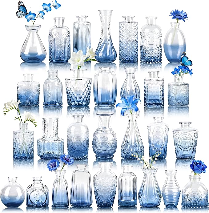 Der Rose 30pcs Glass Bud Vases, delicate embossed patterns, thick sturdy glass by DerRose