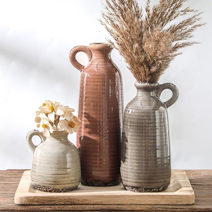 Ceramic Vases Set of 3, Neutral Rustic Farmhouse Vase by ooit